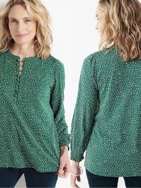 J. Jill 2X Green Sweet Clover Green Dot Print Long Sleeve Henley Top Natural